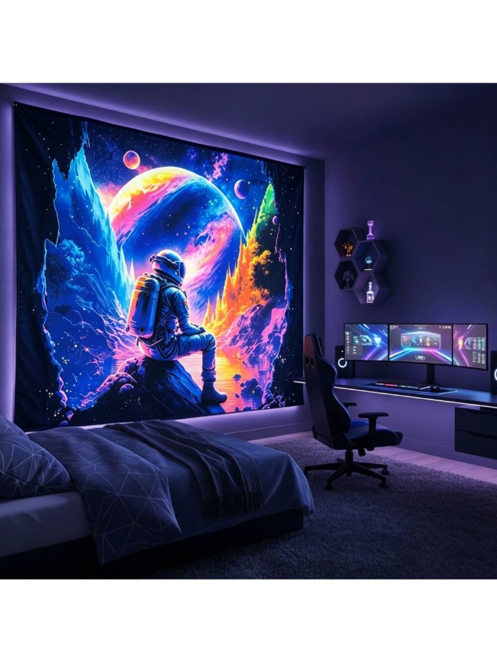 51×60 Inch Psychedelic Neon Astronaut Galaxy Planet Gaming Wall Tapestry